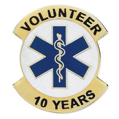 1-1/16 Inch Gold "Volunteer" and Enameled Paramedic Symbol with Gold Bars Lapel Pin-Brooches & Lapel Pins-Lapel Pin Corner