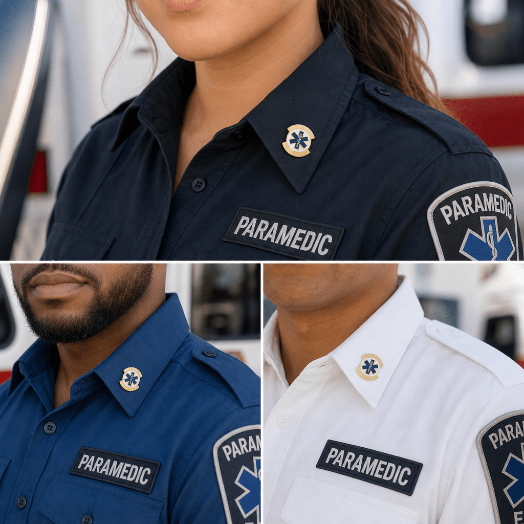 1-1/16 Inch Enameled Paramedic Insignia with Flat Plain Gold Bars Lapel Pin - Lapel Pin Corner
