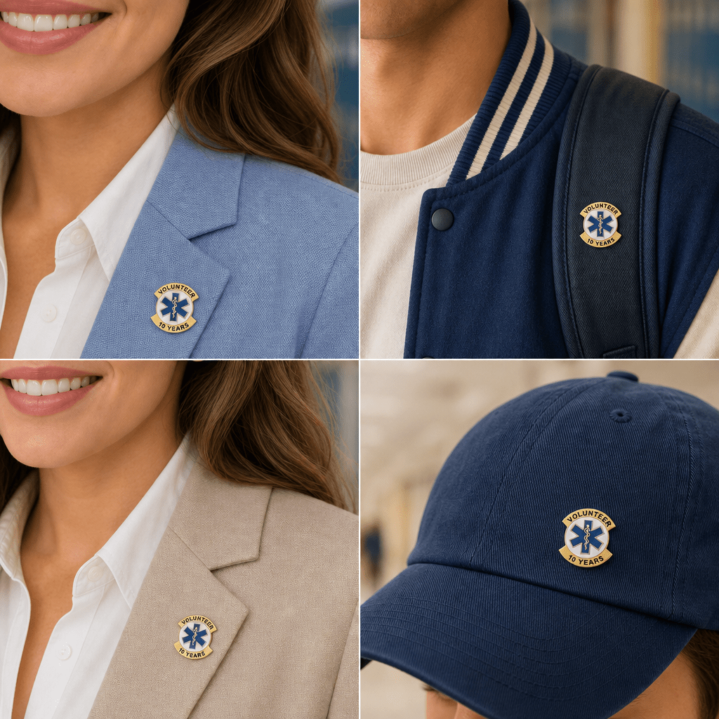 1-1/16 Inch Gold "Volunteer" and Enameled Paramedic Symbol with Gold Bars Lapel Pin - Lapel Pin Corner