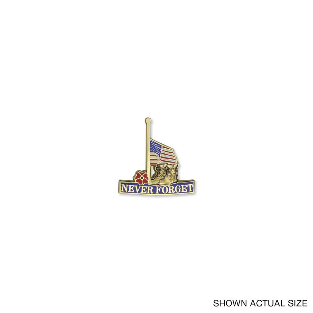 1-1/4 Inch Half Mast American Flag "Never Forget" with Military Boots and Red Poppy Lapel Pin-Brooches & Lapel Pins-Lapel Pin Corner