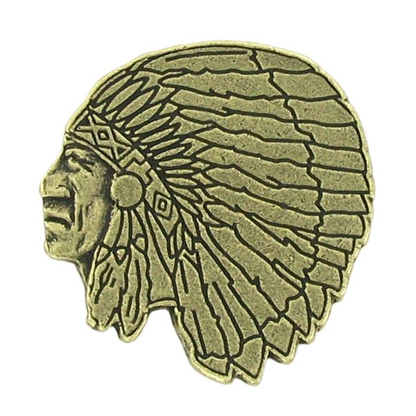 1-1/4 Inch Indian Head Mascot Antique Brass Pin-Brooches & Lapel Pins-Lapel Pin Corner