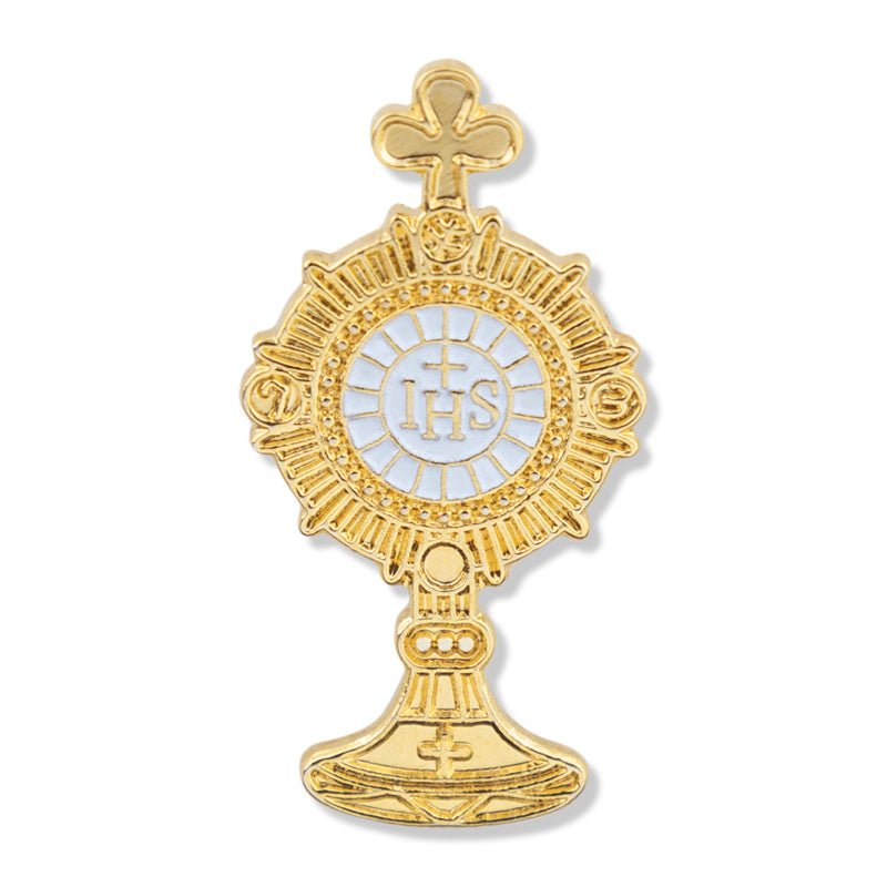 1 - 1/4 Inch Gold and White Enameled Monastery Lapel Pin - Lapel Pin Corner