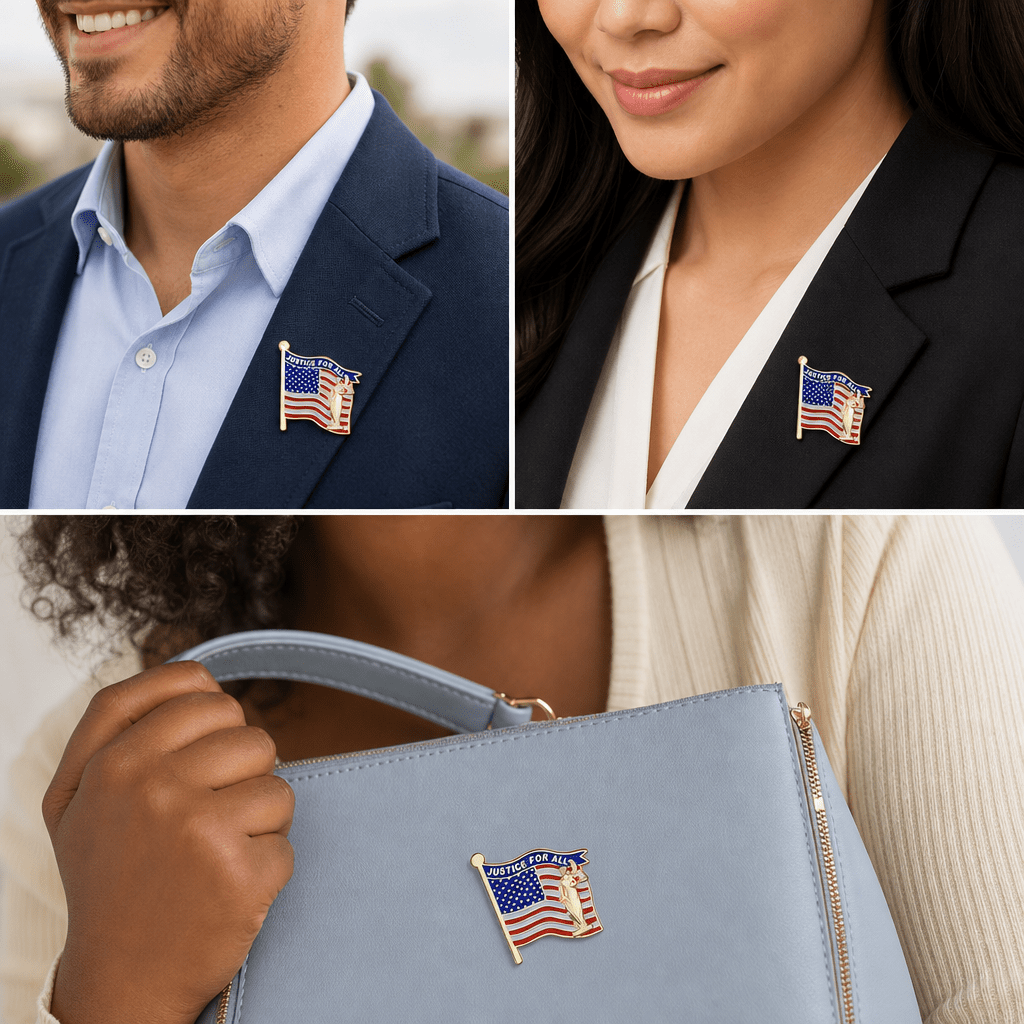 1-1/4 x 1-1/16 Inch "Justice For All" American Flag Enameled Lapel Pin - Lapel Pin Corner