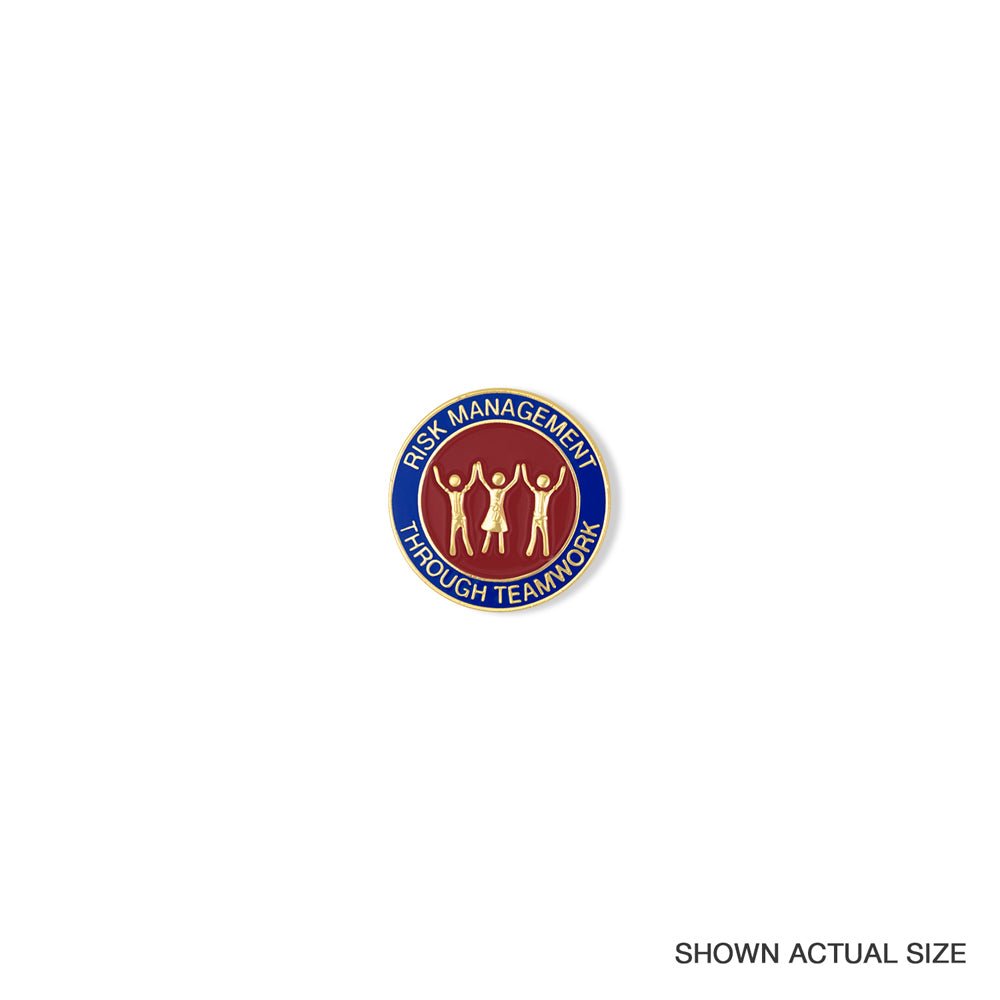 1-1/8 Inch Risk Management Through Teamwork Blue & Red Enameled Gold Pin-Brooches & Lapel Pins-Lapel Pin Corner