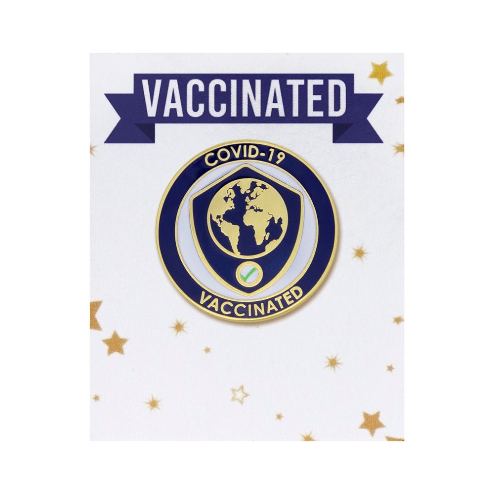 1-1/8 Inch Shield and Globe "Vaccinated" Lapel Pin-Brooches & Lapel Pins-Lapel Pin Corner