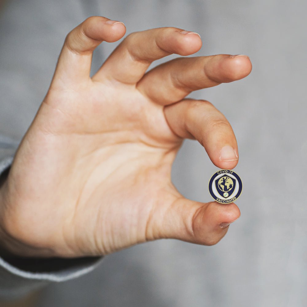 1-1/8 Inch Shield and Globe "Vaccinated" Lapel Pin-Brooches & Lapel Pins-Lapel Pin Corner