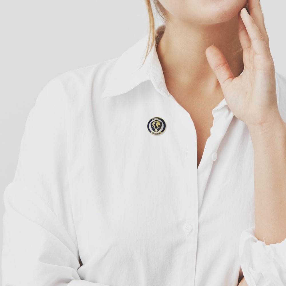 1-1/8 Inch Shield and Globe "Vaccinated" Lapel Pin-Brooches & Lapel Pins-Lapel Pin Corner