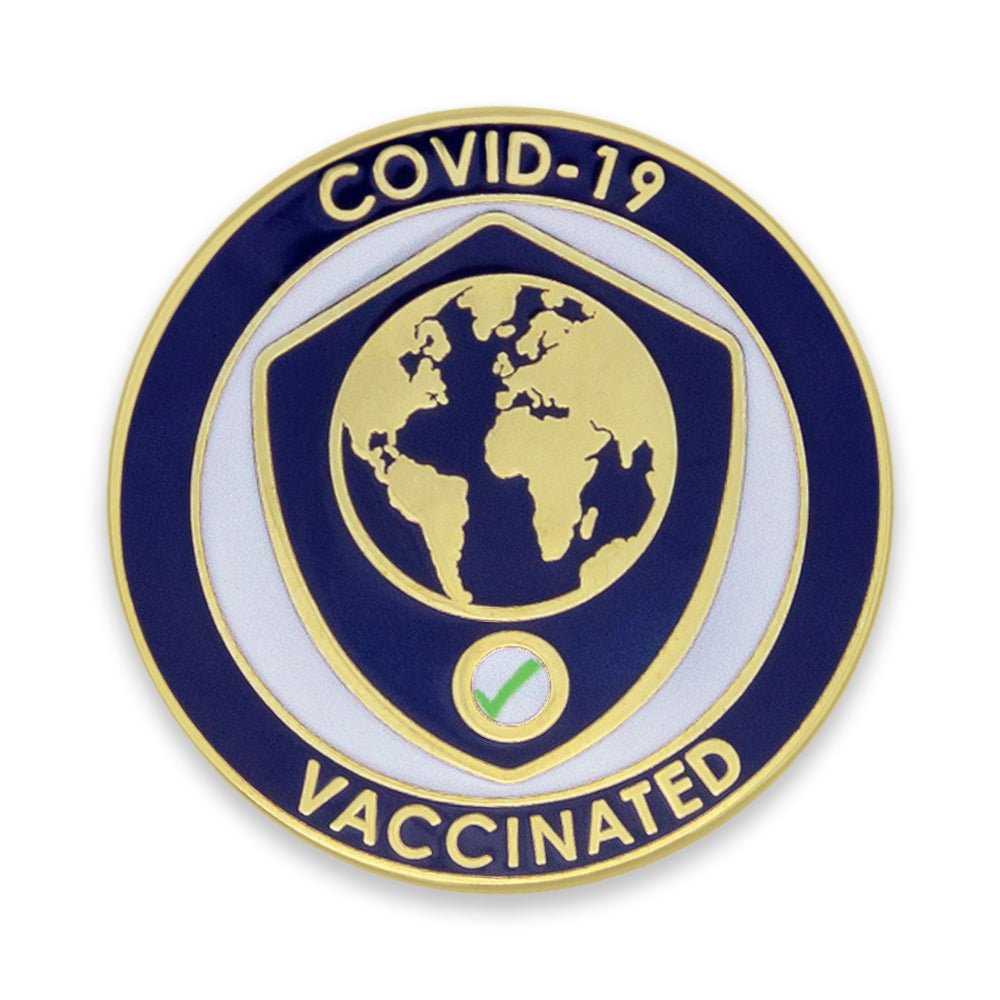 1-1/8 Inch Shield and Globe "Vaccinated" Lapel Pin-Brooches & Lapel Pins-Lapel Pin Corner