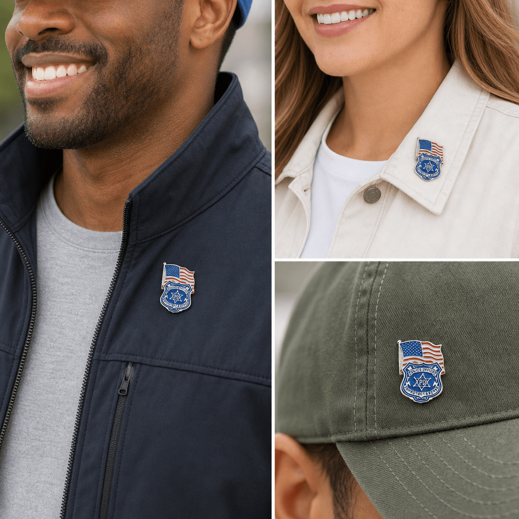 1-1/8 Inch Enameled Police Officer Badge and American Flag Lapel Pin - Lapel Pin Corner