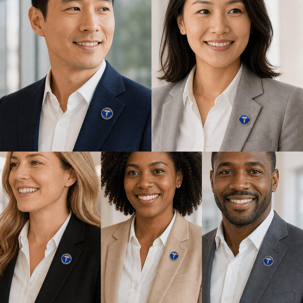 1-1/8 Inch Risk Management Through Teamwork Blue Enameled Gold Pin With Caduceus - Lapel Pin Corner