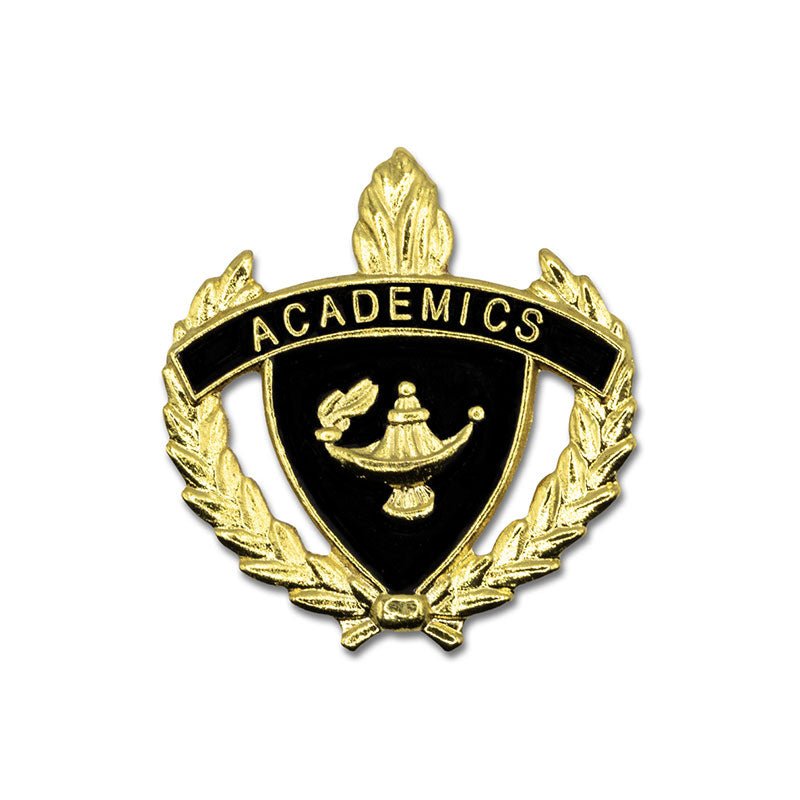 1 Inch Gold "Academics" with Lamp of Learning and Wreaths Enameled Lapel Pin-Brooches & Lapel Pins-Lapel Pin Corner