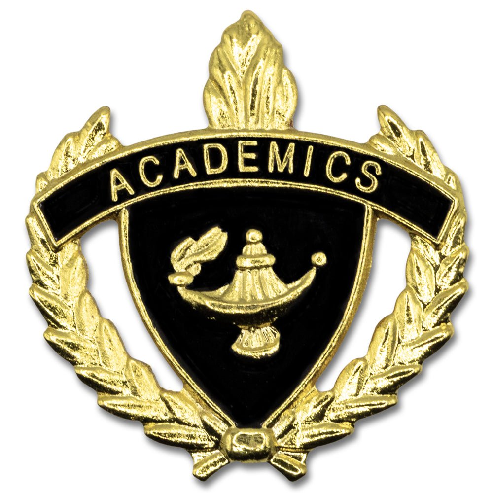1 Inch Gold "Academics" with Lamp of Learning and Wreaths Enameled Lapel Pin-Brooches & Lapel Pins-Lapel Pin Corner