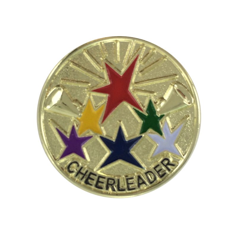 1 Inch Gold "Cheerleader" with Multiple Color Stars Lapel Pin-Brooches & Lapel Pins-Lapel Pin Corner