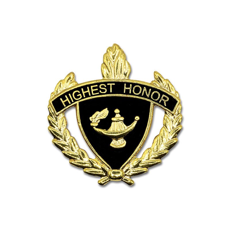 1 Inch Gold "Highest Honor" with Lamp of Learning and Wreaths Enameled Lapel Pin-Brooches & Lapel Pins-Lapel Pin Corner