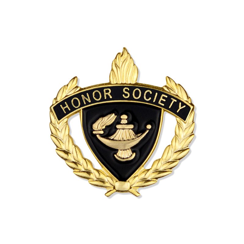 1 Inch Gold "Honor Society" with Lamp of Learning and Wreaths Enameled Lapel Pin-Brooches & Lapel Pins-Lapel Pin Corner