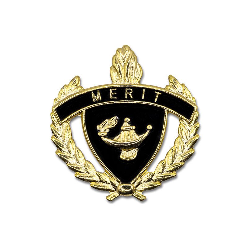 1 Inch Gold "Merit" with Lamp of Learning and Wreaths Enameled Lapel Pin-Brooches & Lapel Pins-Lapel Pin Corner