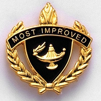1 Inch Gold "Most Improved" with Lamp of Learning and Wreaths Enameled Lapel Pin-Brooches & Lapel Pins-Lapel Pin Corner