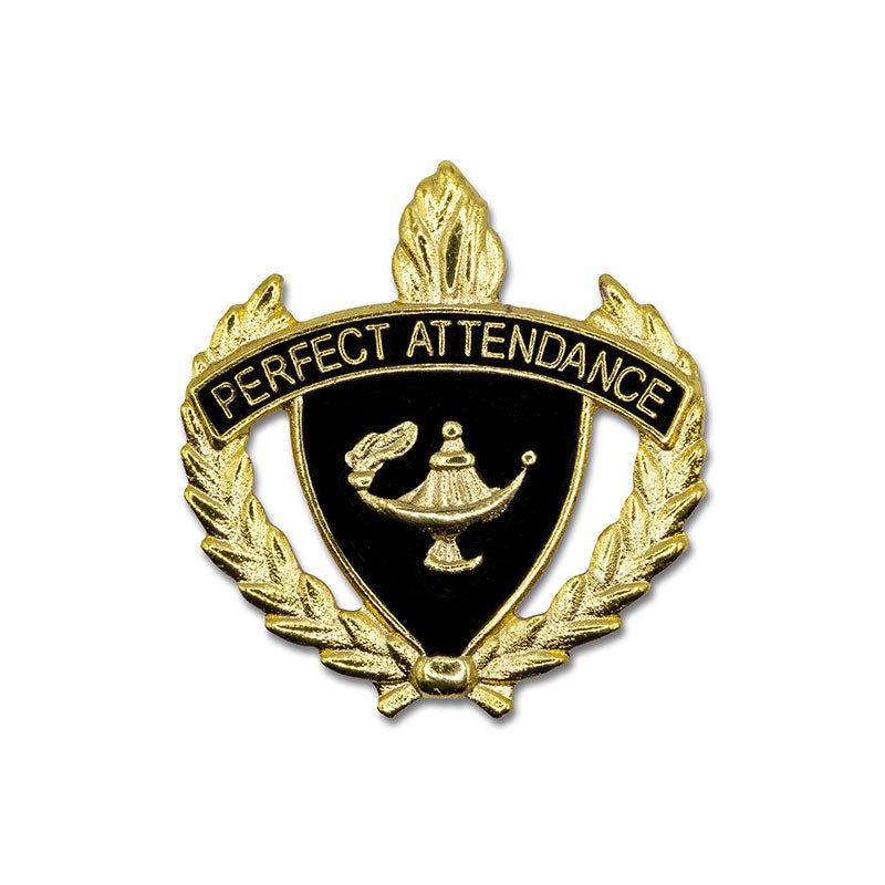 1 Inch Gold "Perfect Attendance" with Lamp of Learning and Wreaths Enameled Lapel Pin-Brooches & Lapel Pins-Lapel Pin Corner