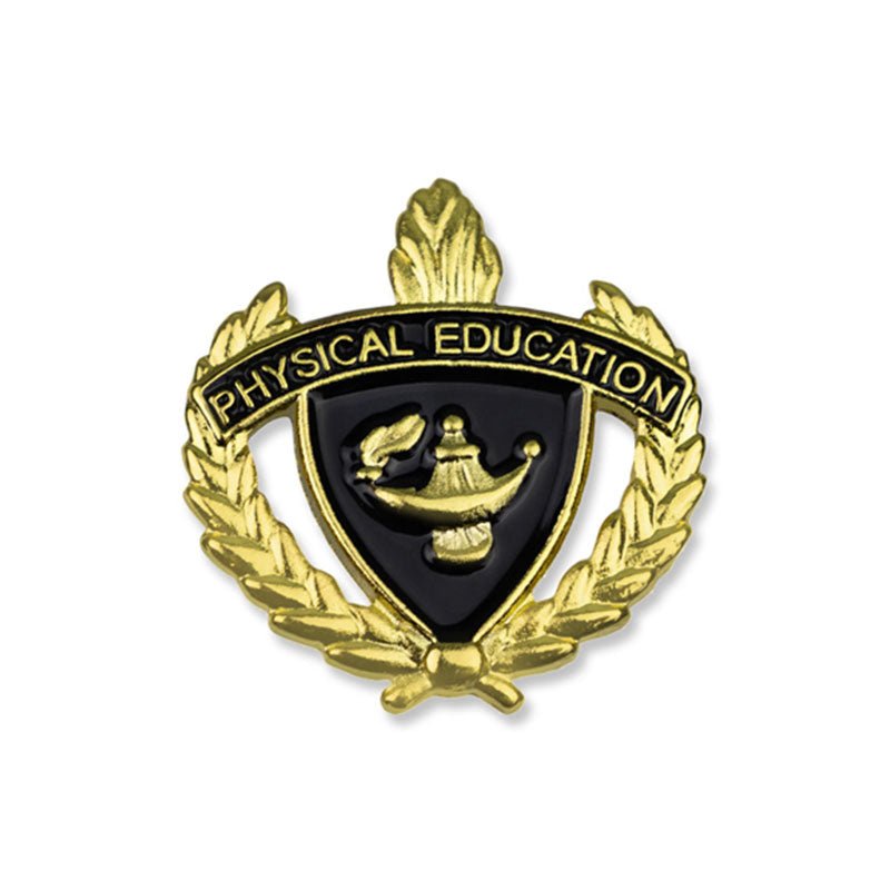 1 Inch Gold "Physical Education" with Lamp of Learning and Wreaths Enameled Lapel Pin-Brooches & Lapel Pins-Lapel Pin Corner