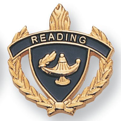 1 Inch Gold "Reading" with Lamp of Learning and Wreaths Enameled Lapel Pin-Brooches & Lapel Pins-Lapel Pin Corner