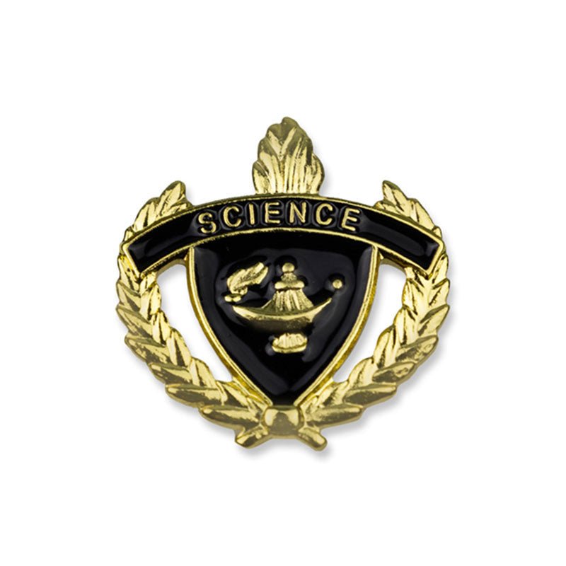 1 Inch Gold "Science" with Lamp of Learning and Wreaths Enameled Lapel Pin-Brooches & Lapel Pins-Lapel Pin Corner