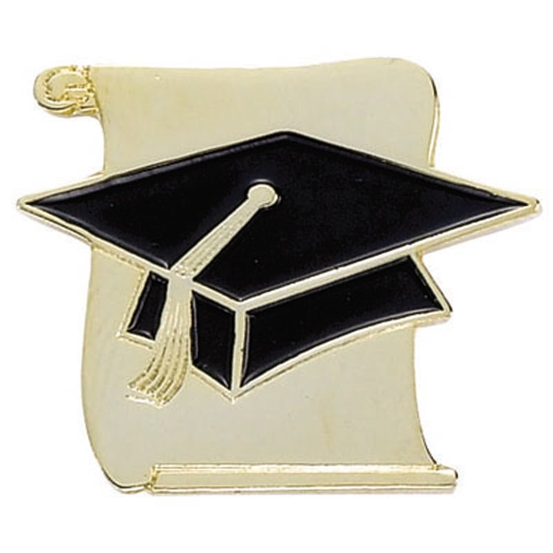 1 Inch Gold Scroll and Graduation Cap Enameled Lapel Pin - No Imprint or with Imprint-Brooches & Lapel Pins-Lapel Pin Corner