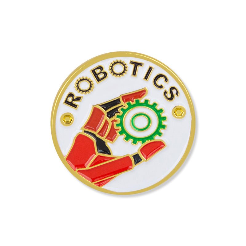 1 Inch Round Gold Enameled Robotics Lapel Pin-Brooches & Lapel Pins-Lapel Pin Corner