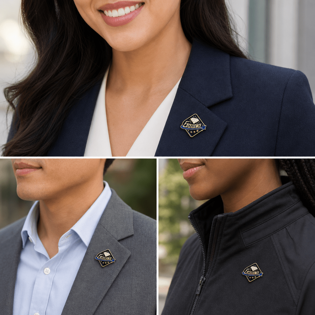 1 Inch Excellence with Diamond and Stars Enameled Lapel Pin - Lapel Pin Corner