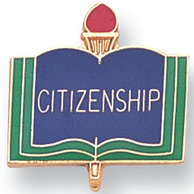 1 Inch Gold "Citizenship" on Book with Torch Enameled Lapel Pin - Lapel Pin Corner