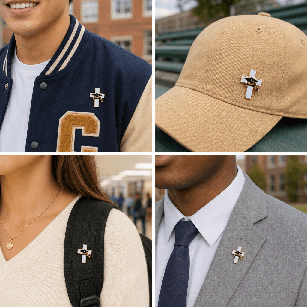 1 Inch Gold Enameled Graduate Cap on White Cross Lapel Pin - Lapel Pin Corner