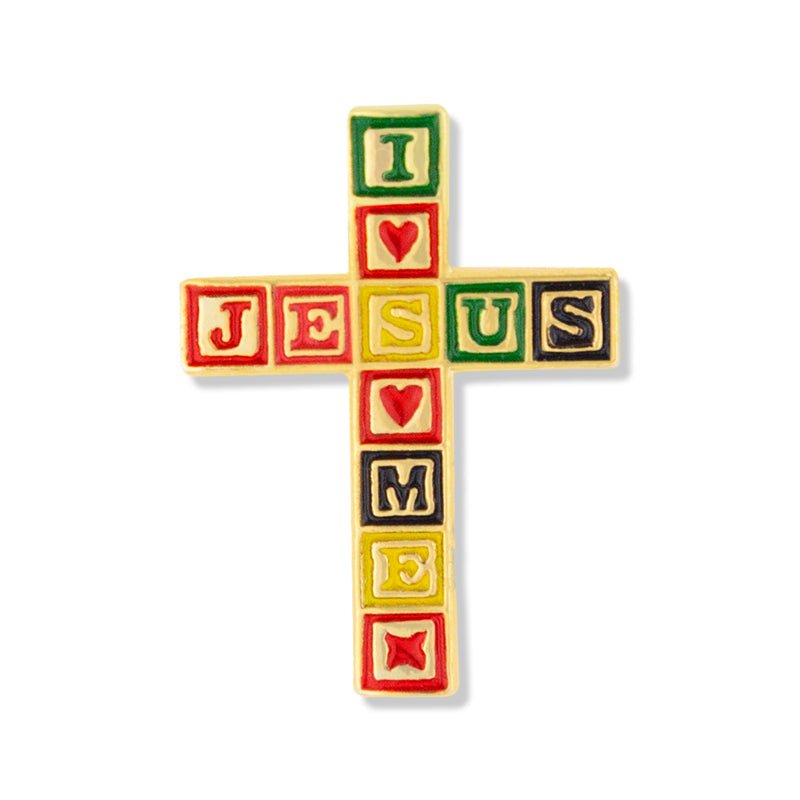 1 Inch Gold Enameled I love Jesus/Jesus Loves Me Blocks Cross Lapel Pin - Lapel Pin Corner