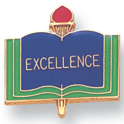 1 Inch Gold "Excellence" on Book with Torch Enameled Lapel Pin - Lapel Pin Corner