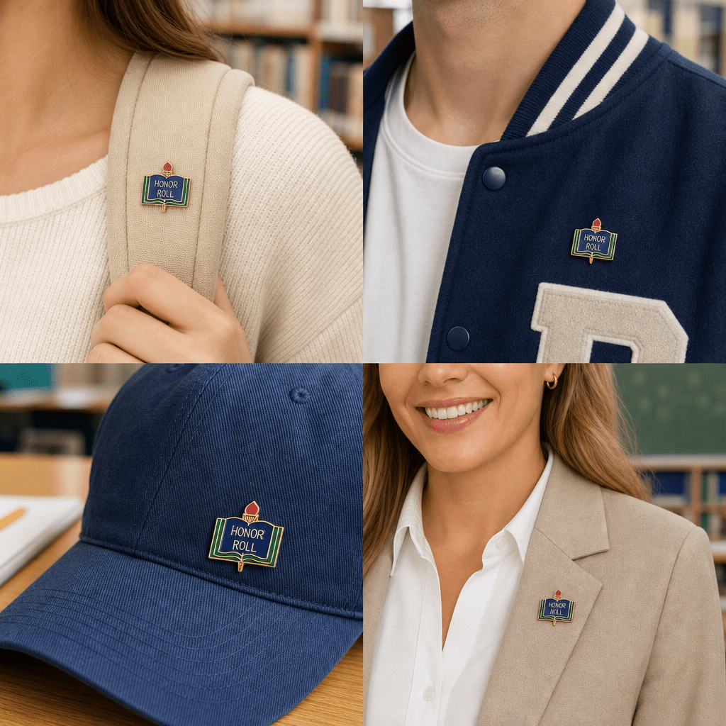 1 Inch Gold "Honor Roll" on Book with Torch Enameled Lapel Pin - Lapel Pin Corner