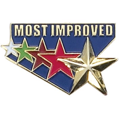 1 Inch Gold "Most Improved" with 5 Multi - Color Stars Enameled Lapel Pin - Lapel Pin Corner