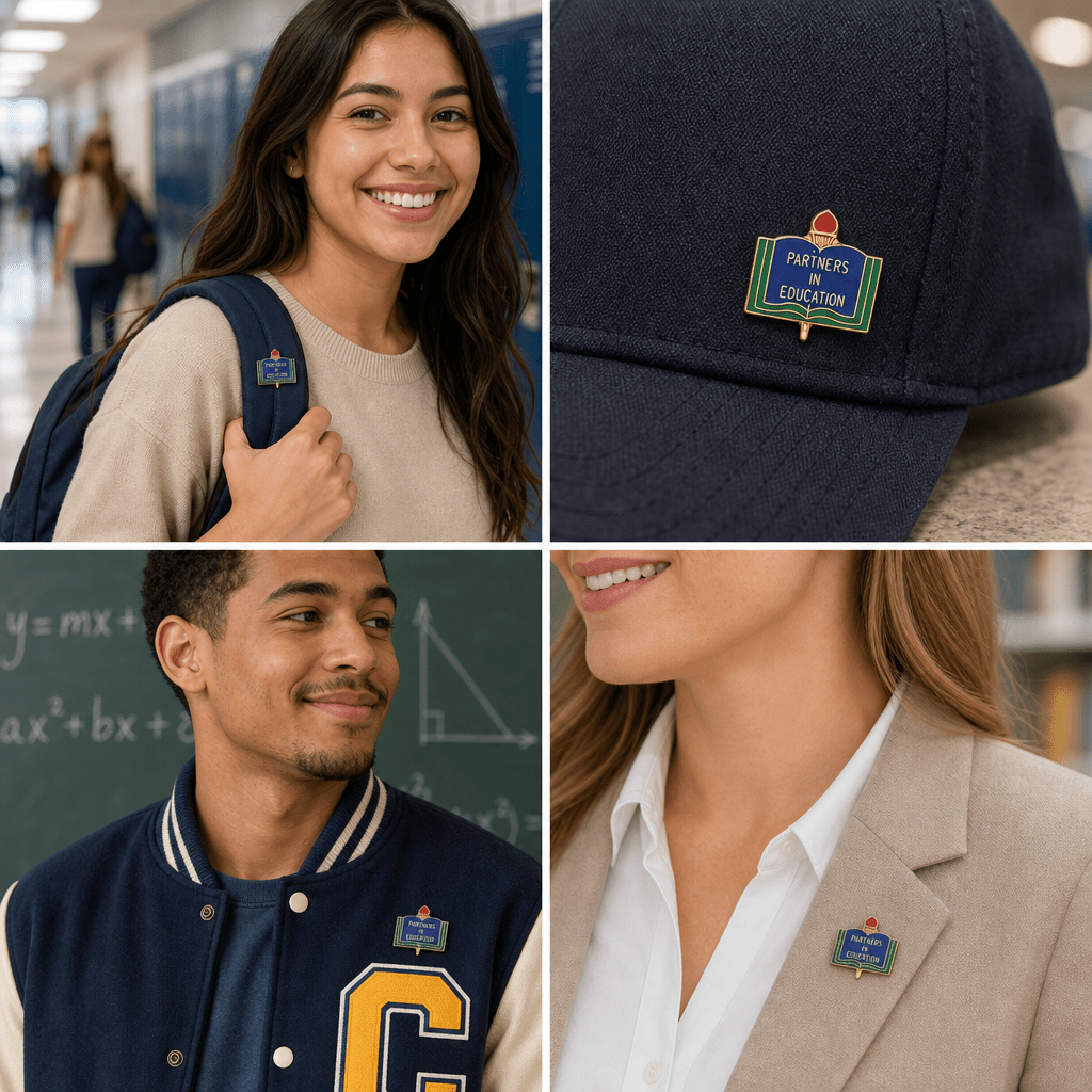 1 Inch Gold "Partners in Education" on Book with Torch Enameled Lapel Pin - Lapel Pin Corner