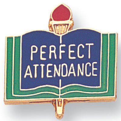 1 Inch Gold "Perfect Attendance" on Book with Torch Enameled Lapel Pin - Lapel Pin Corner