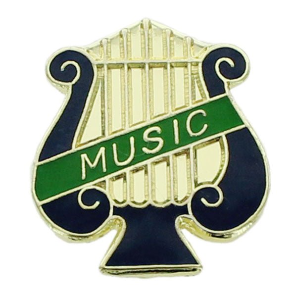 1 Inch Green "Music" on Music Lyre Enameled Pin - Lapel Pin Corner