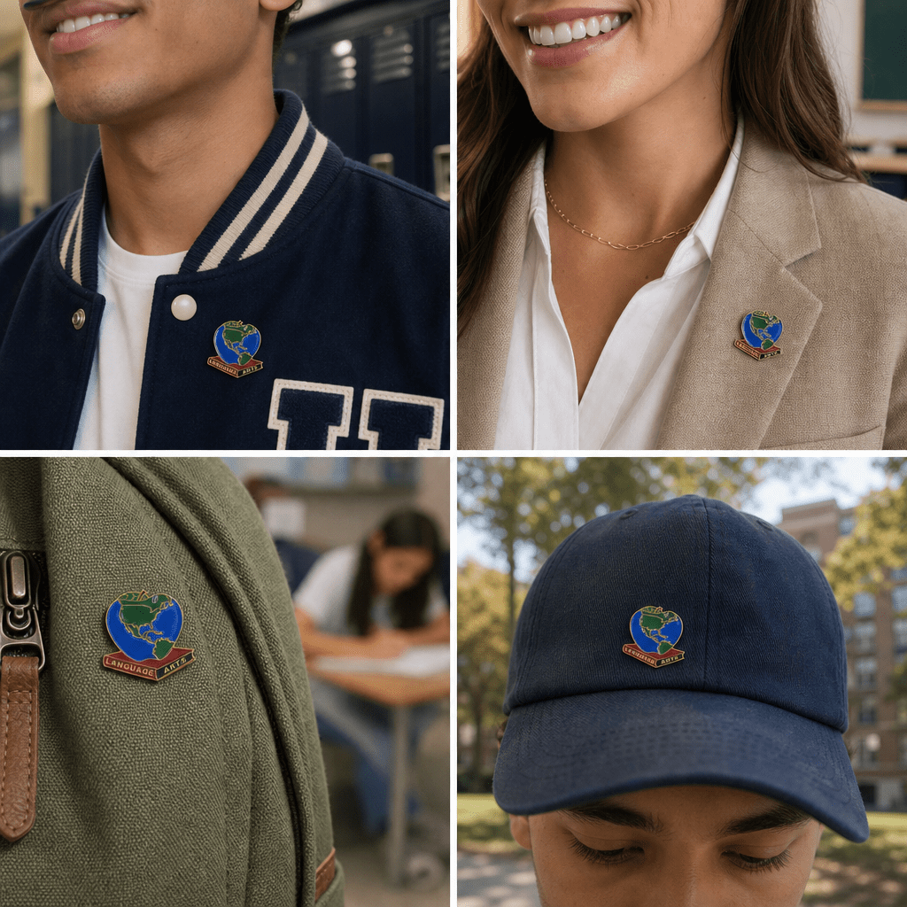 1 Inch Language Arts with Apple Globe Lapel Pin - Lapel Pin Corner
