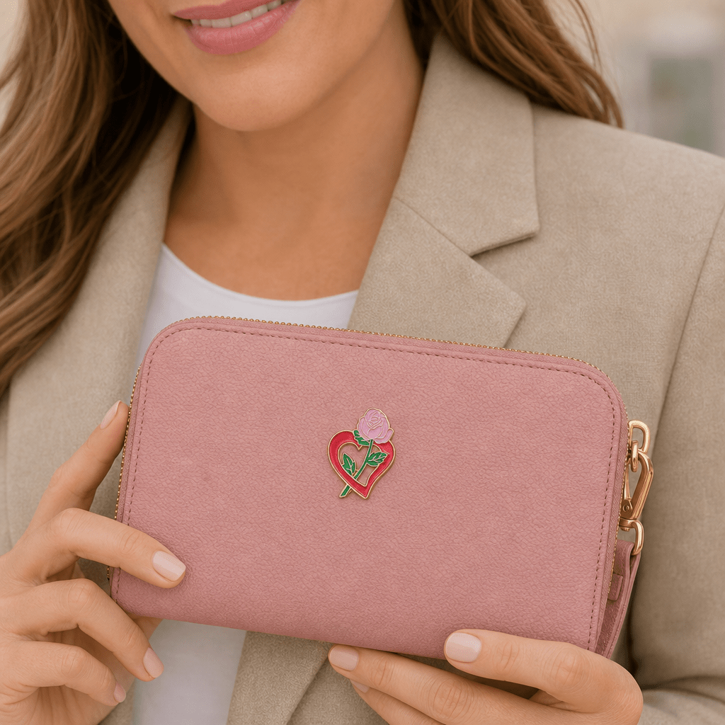 1 Inch Red Heart with Pink Rose and Green Stem Lapel Pin - Lapel Pin Corner