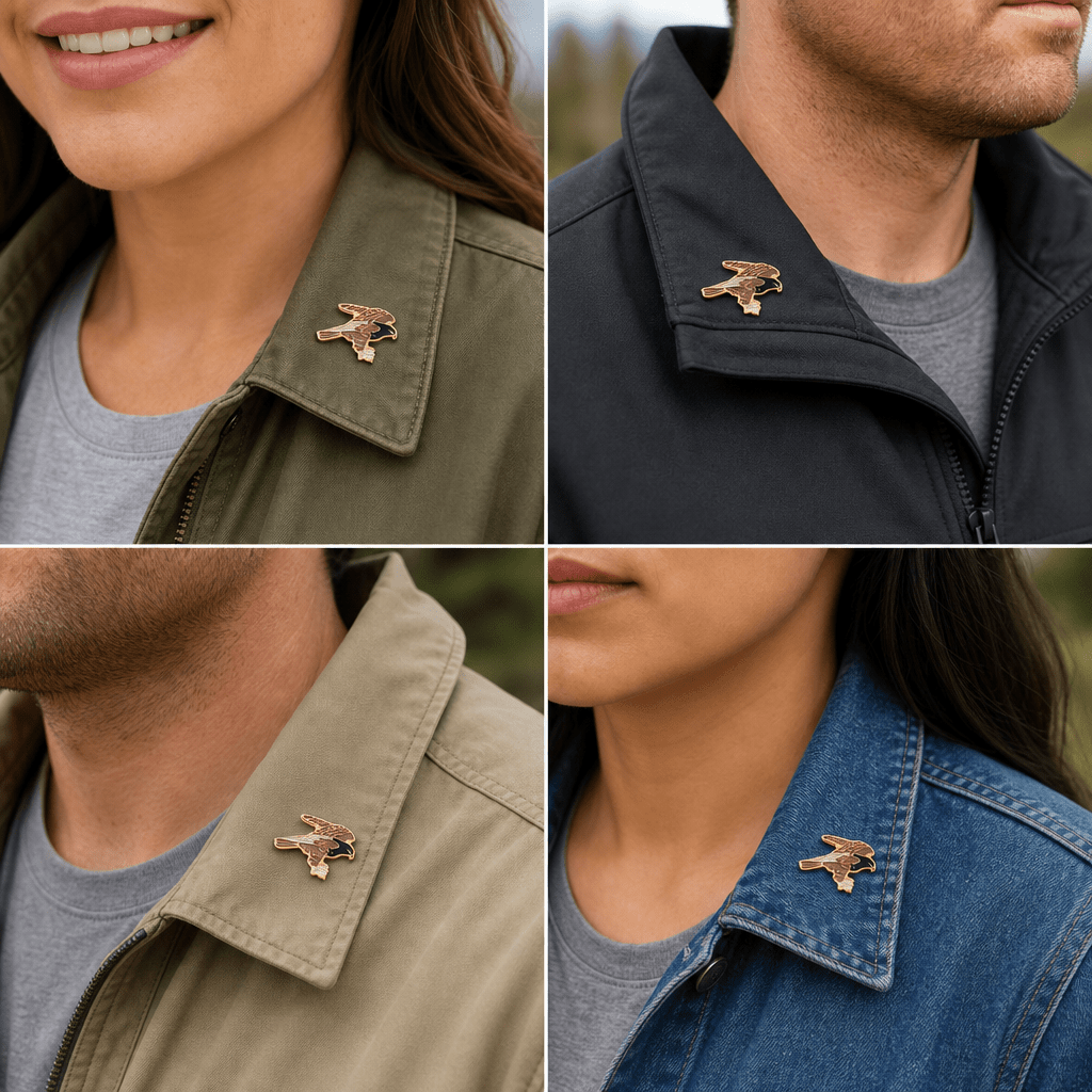 1/2 Inch Hawk Etched Brass Enameled Pin - Lapel Pin Corner