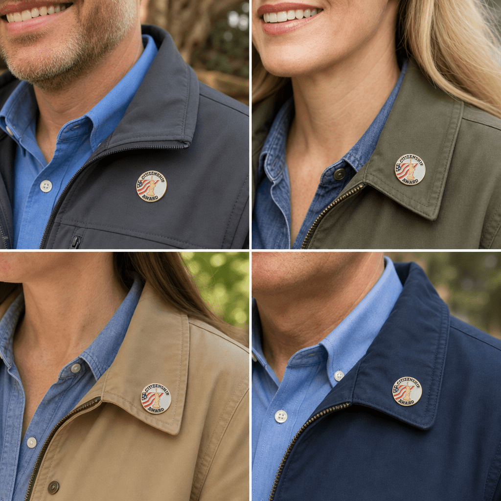 3/4 Inch Gold "Citizenship Award" with American Flag, Statue of Liberty Enameled Lapel Pin - Lapel Pin Corner