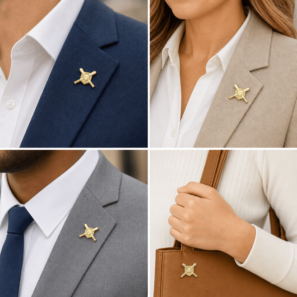 3/4 Inch Gold Cross Bats with Home Plate Chenille Pin - Lapel Pin Corner