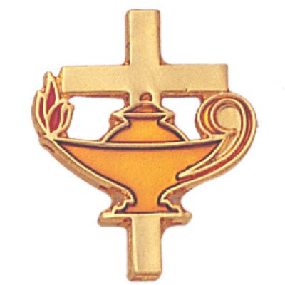 3/4 Inch Gold Cross with Lamp of Learning Enameled Lapel Pin - Lapel Pin Corner