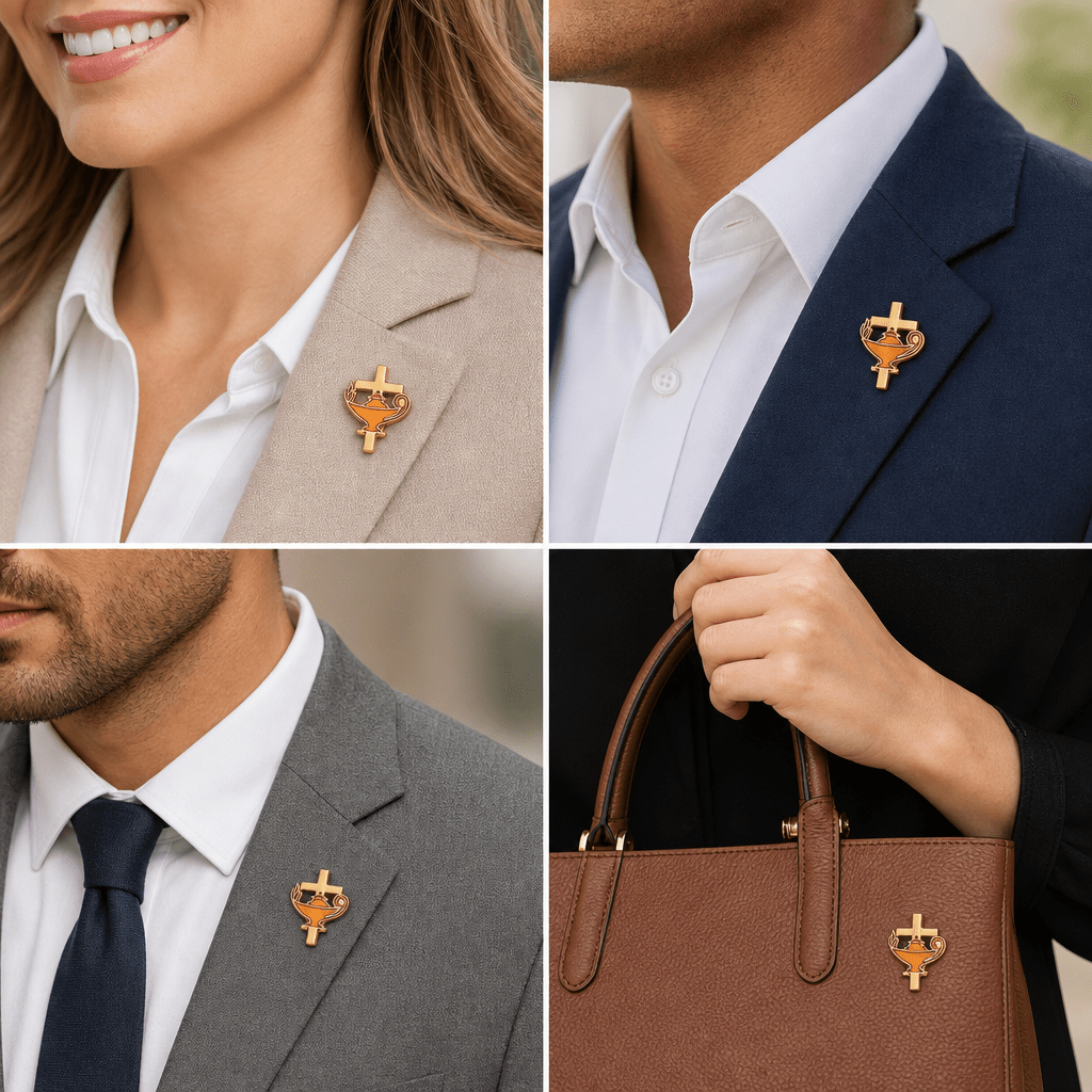 3/4 Inch Gold Cross with Lamp of Learning Enameled Lapel Pin - Lapel Pin Corner