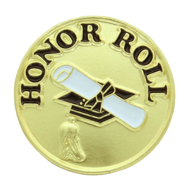 3/4 Inch Gold "Honor Roll" with Graduation Cap and Diploma Scroll Enameled Lapel Pin - Lapel Pin Corner