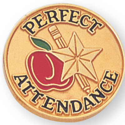 3/4 Inch Gold "Perfect Attendance" with Pencil and Apple Enameled Lapel Pin - Lapel Pin Corner