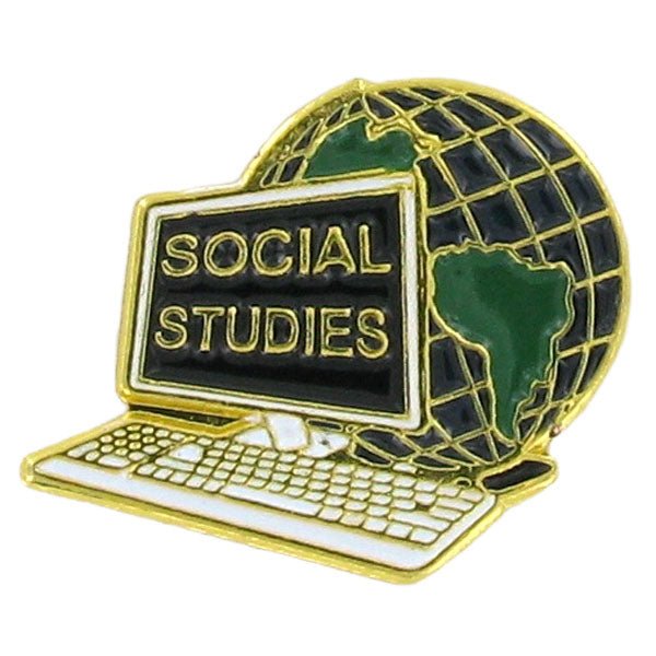 3/4 Inch Gold "Social Studies" with Computer and World Globe Enameled Lapel Pin - Lapel Pin Corner