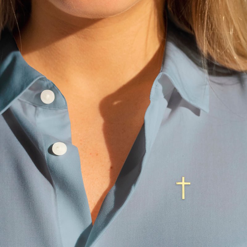 3/4 Inch Polished Gold Plated Sterling Silver Cross Pin With Spring Loaded Quality Clutch - Lapel Pin Corner