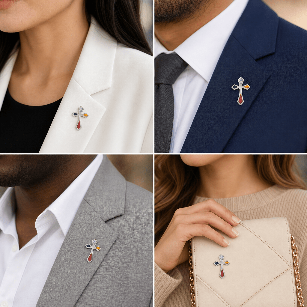3/4 Inch Silver Enameled Pointed Ends Cross Lapel Pin - Lapel Pin Corner