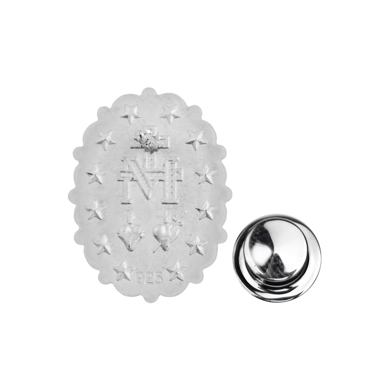 3/4 Inch Two - Toned Sterling Silver Miraculous Medal Pin With Spring Loaded Quality Clutch - Lapel Pin Corner